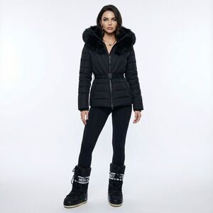 BNWT Mackage Black ELITA-SH Fur-Trim Down Quilted Belted Jacket Ski XS